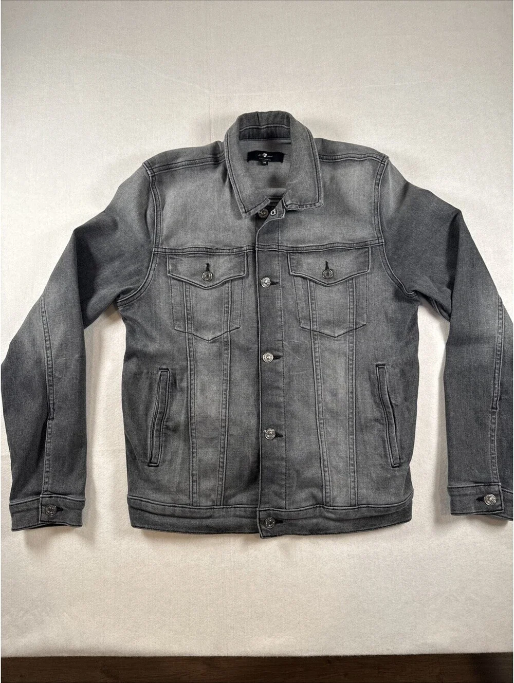 7 For All Mankind Distressed Black Faded Denim Jean Jacket Mens Medium Pre Owned